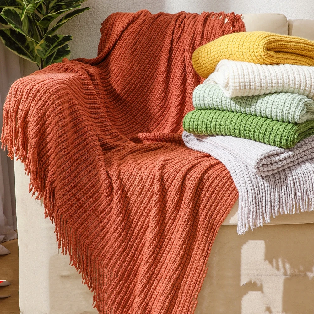 

Spring/Autumn Tassel Knitted Solid Blanket Air Conditioning Blankets with Long Fringes