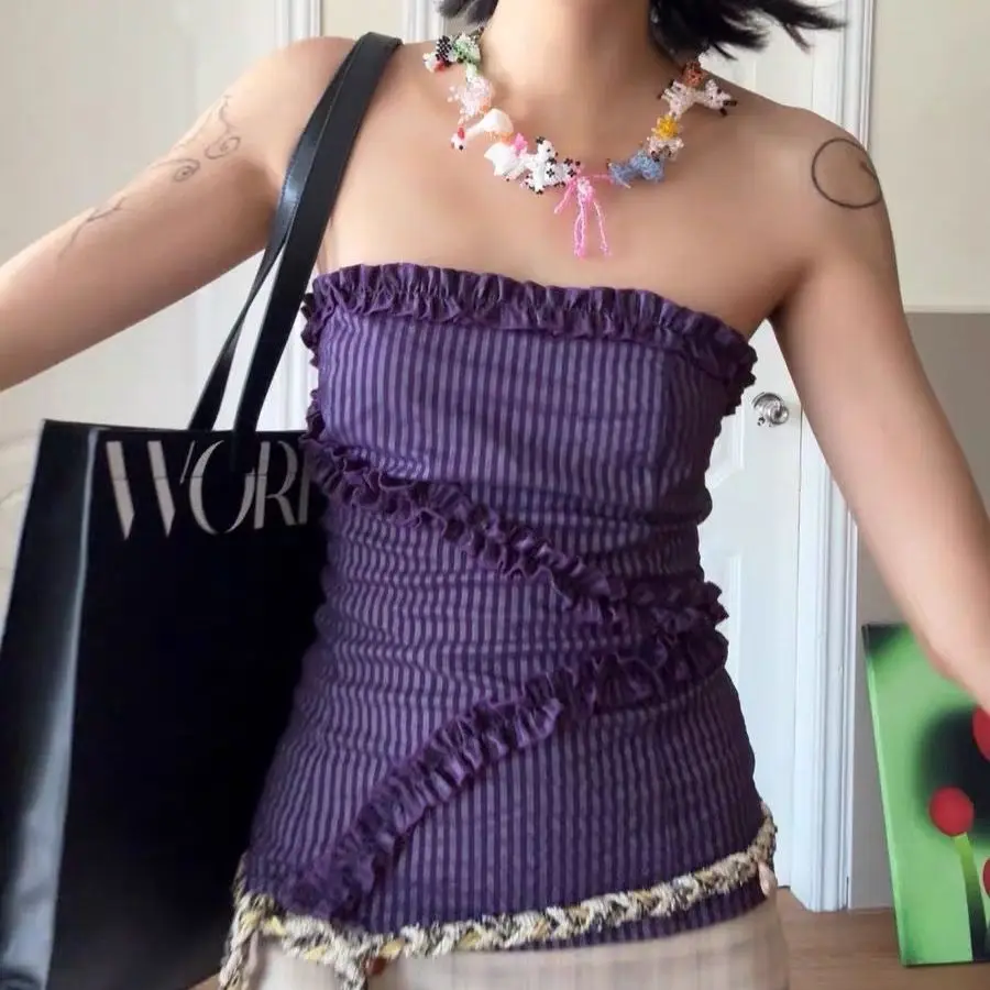 

Purple Ruching Cross Front Camisole 2025 Summer Elastic Lace Trim Top Coquette Aesthetic Strap Secure Design