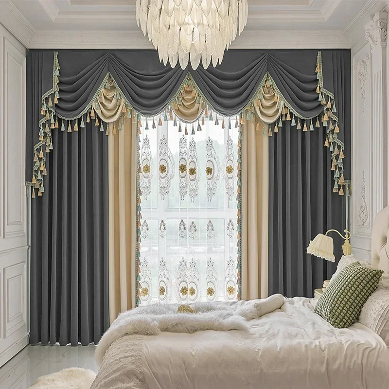 

American Retro Velvet Curtains for Living Room Bedroom Warm Windproof Color-blocked Luxury Blackout Simple High-end