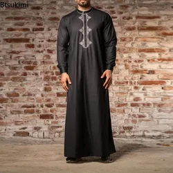 2024 muslimische Mode Abayas für Männer einfarbige Stickerei lange Robe Männer Jubba Thobe Saudi Arab Musulman Shirts islamische Kleidung