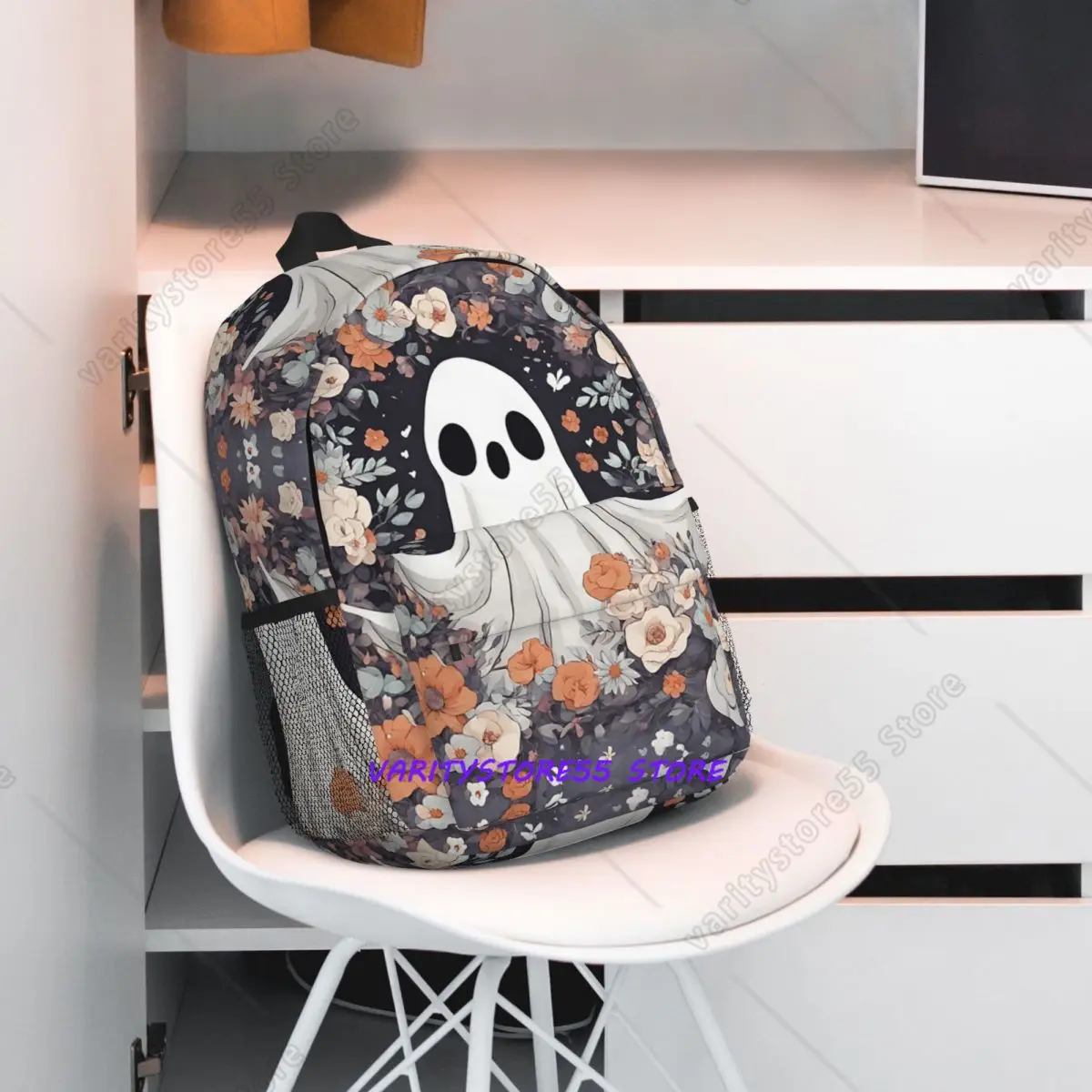 Cute Ghost Surrounded By Wild Flowers Backpack Student BookBag Kids School Bag Computer Shoulder Bags for Men Women
