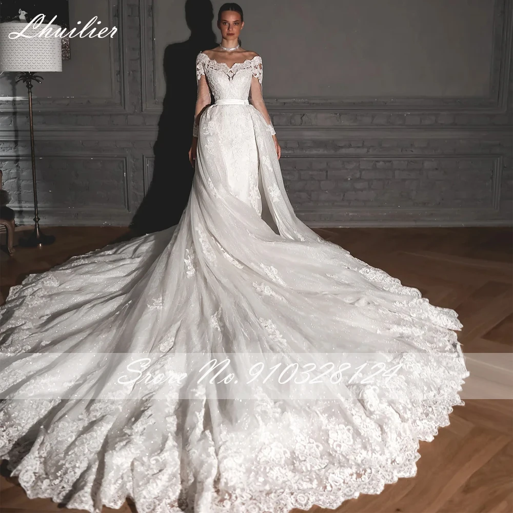 Lhuillier Elegant Mermaid Wedding Dresses Boat Neck Lace Appliques Beaded Full Sleeves Bridal Dress with Detachable Train