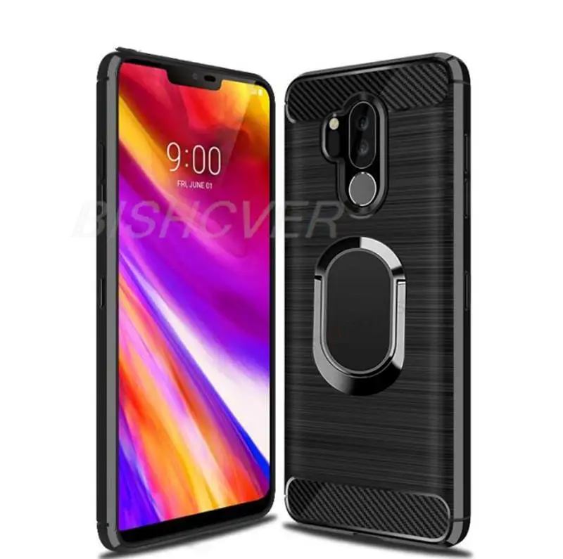 For LG G7 Thinq G7 One Brushed Carbon Fiber Soft Silicone Phone Case For lg g7+ thinq LG X5 Q9 One Magnetic Ring Stand Cover