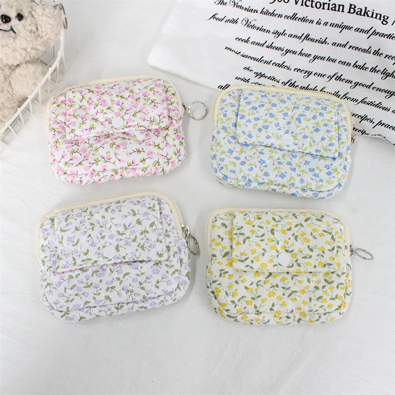 Flower Print Padded Mini Wallet Double Layer Zipper Coin Bag Portable Key Ring Card Storage Pouch Ladies Daily Use