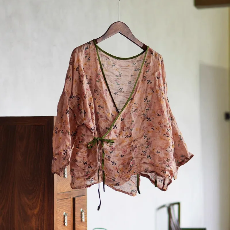 

Женские рубашки на шнуровке Ramie, летние рубашки Mori Girl в японском стиле с цветочным принтом, свободные женские кардиганы с v-образным вырезом три четверти
