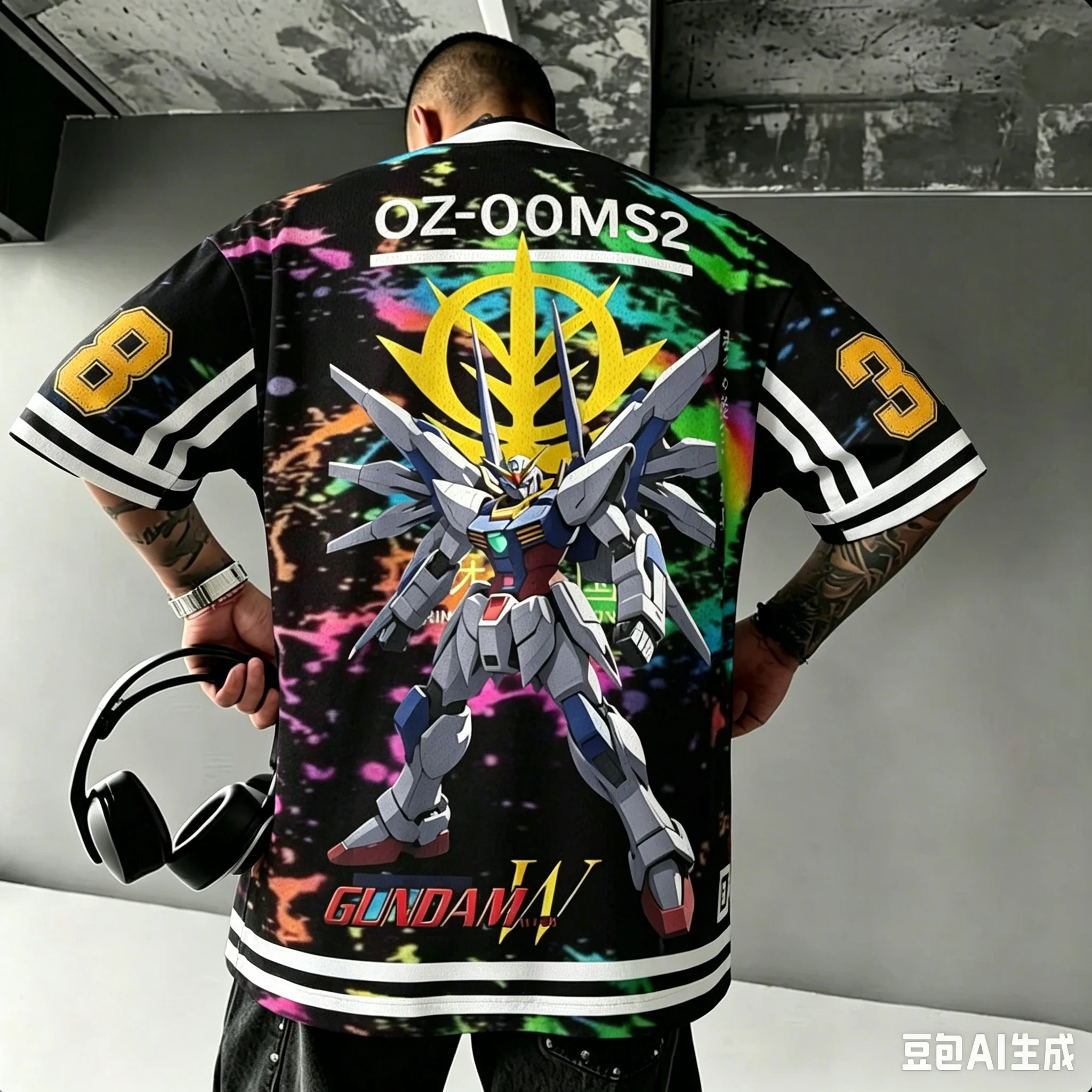 Men Anime Gundam Wing OZ-00MS2 Rainbow Splash Full Back Mecha Print Oversized Tee Fan Merch Daily Cosplay Manga Jersey Shirts