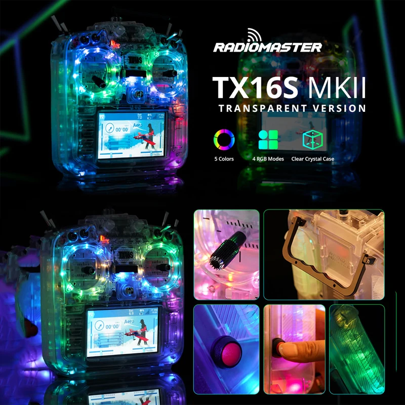 2023 NEW Radiomaster TX16S MKII Transparent RGB Edition Transmitter Built in RGB LED With 4 Modes and 5 Colors