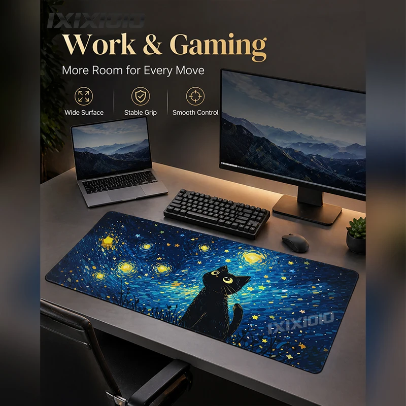 Van Gogh Black Cat Aesthetics Mouse Pad Gaming XL Custom Computer Large Mousepad XXL MousePads Office Natural Rubber Mouse Mats