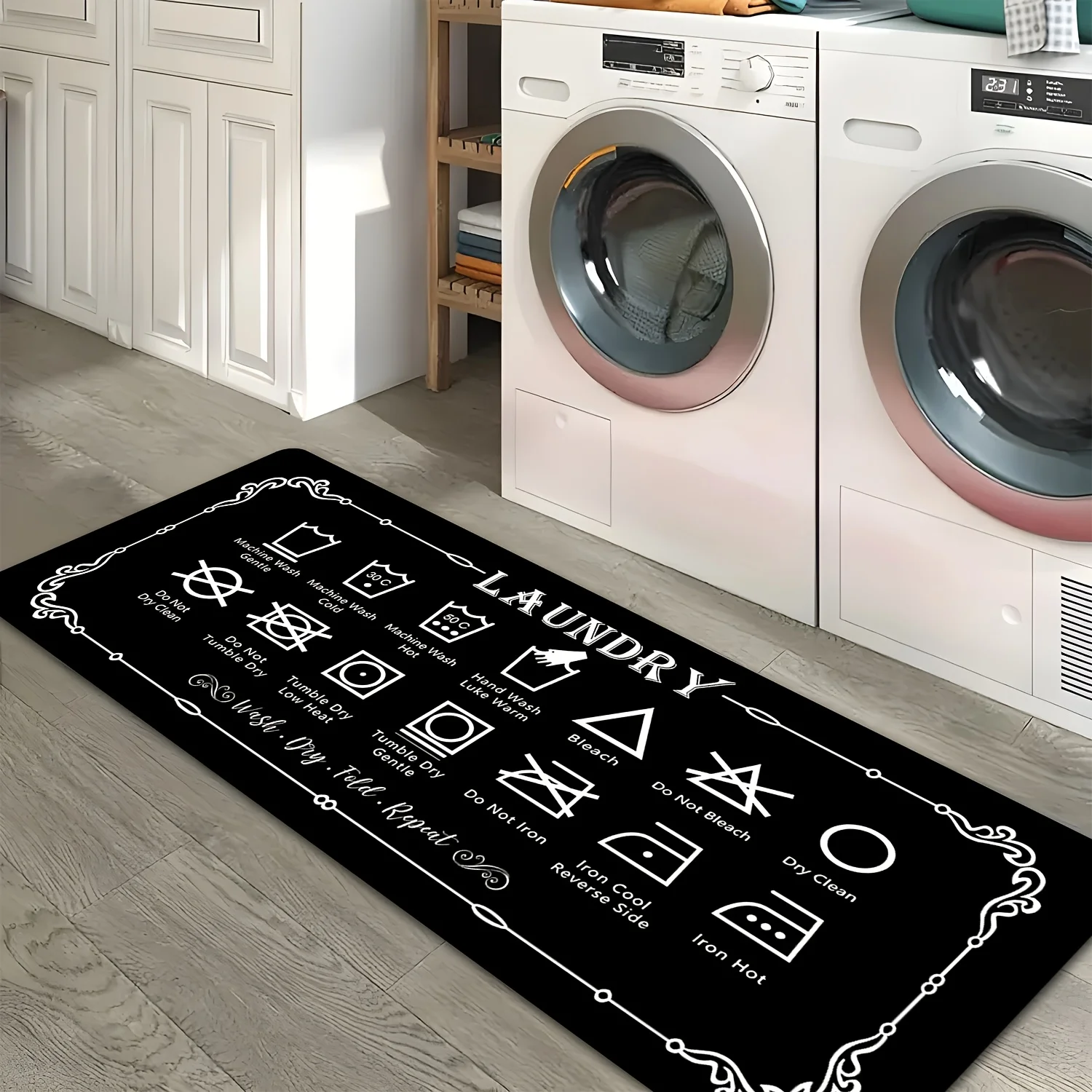 1 Piece Laundry Guide Mat - Black Icon Print Floor Decor - Machine Washable Rug - Farmhouse Laundry Room Accessories