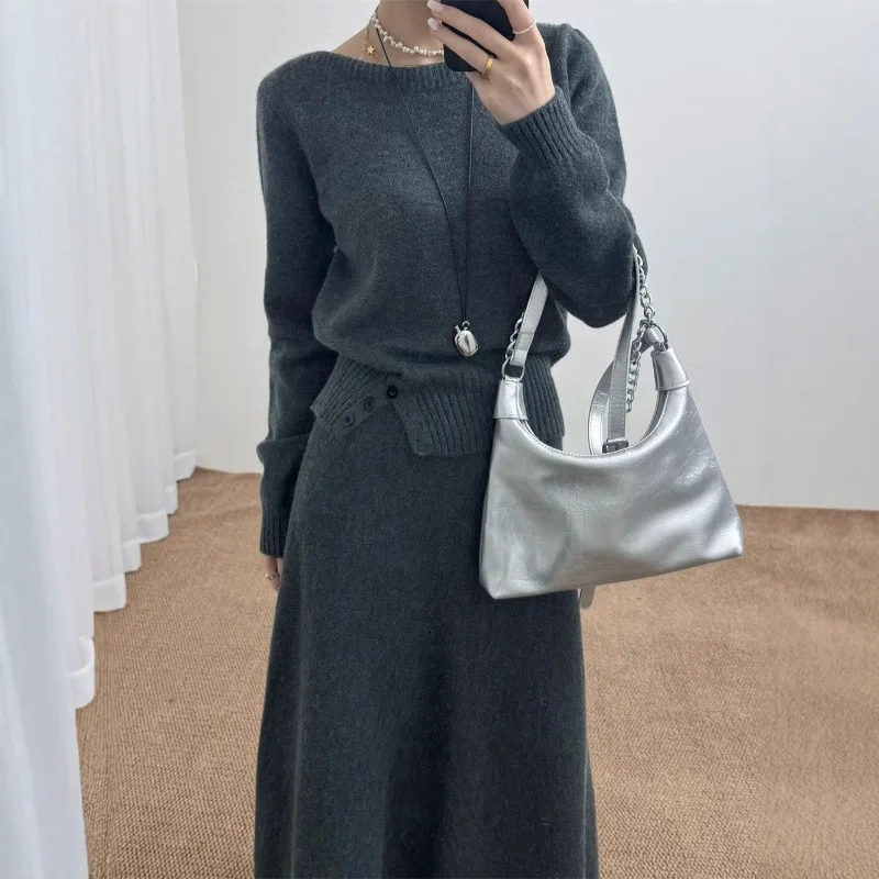 

Casual Loose Solid Long Sleeve Knit Pullover+Elastic Waist Maxi A-line Skirt 2-piece Set Korean New Autumn/Winter Women's Sets