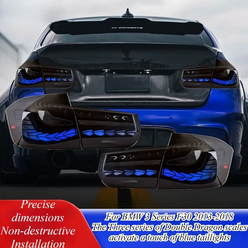 

Для BMW 3 серии F30 F35 2013-2018 светодиодные задние фонари в сборе с динамическим эффектом запуска, синий указатель поворота, чешуя дракона, стиль тюнинг