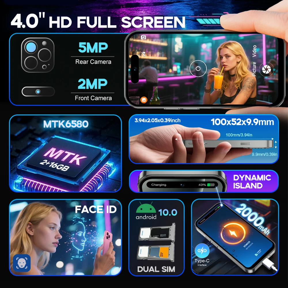 New ONEMYTH M16 Pro 4.0" HD Screen Mini Smartphone 3G with Face Recognition 2GB RAM 16GB ROM Dual SIM  2000mAh Large Battery