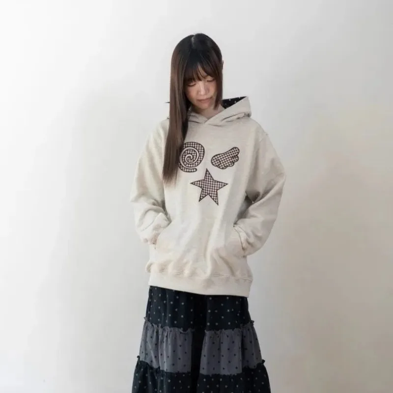 Korean Retro Autumn and Winter Polka Dot Color-blocking Plaid Pattern Loose and Versatile Long-sleeved Casual Hooded Sweatshirt