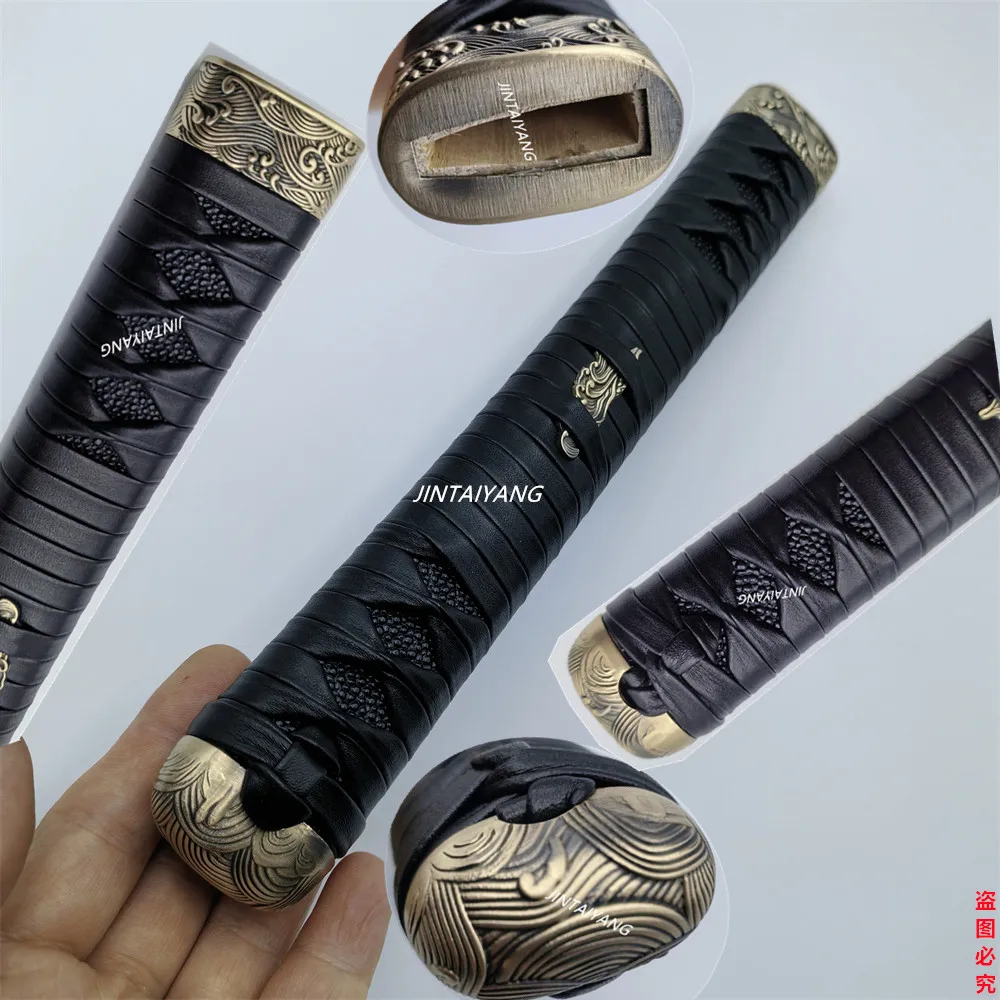 

26CM Tsuka Handle Copper Brass Fuchi Menuki Kashira Black Leather Ito Fittings For Japanese Sword Samurai Katana Accessories