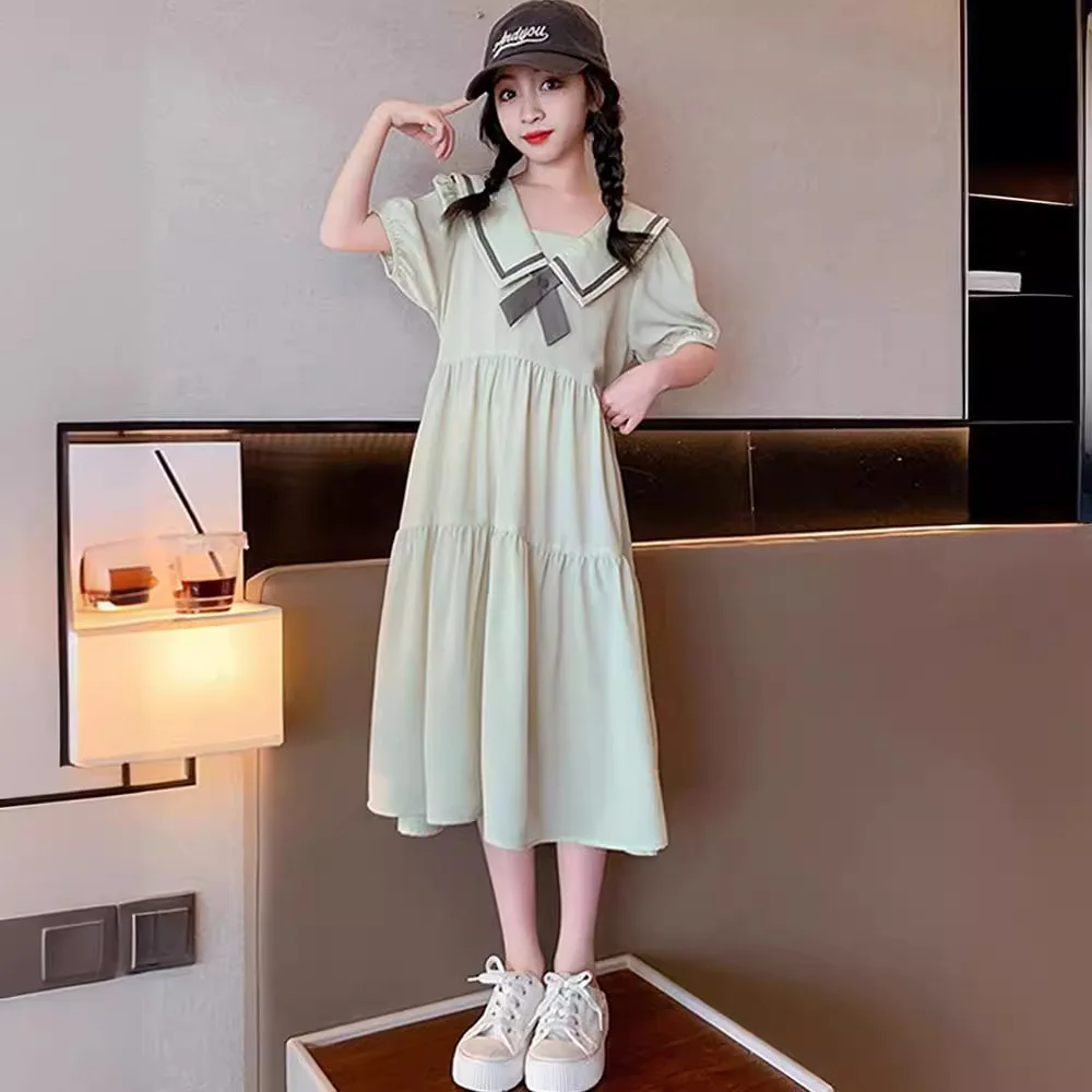 

2024 Summer retro Girls long princess Dress chiffon Sailor Collar Teens striped JK Clothes trencher layered A-LINE 12 year