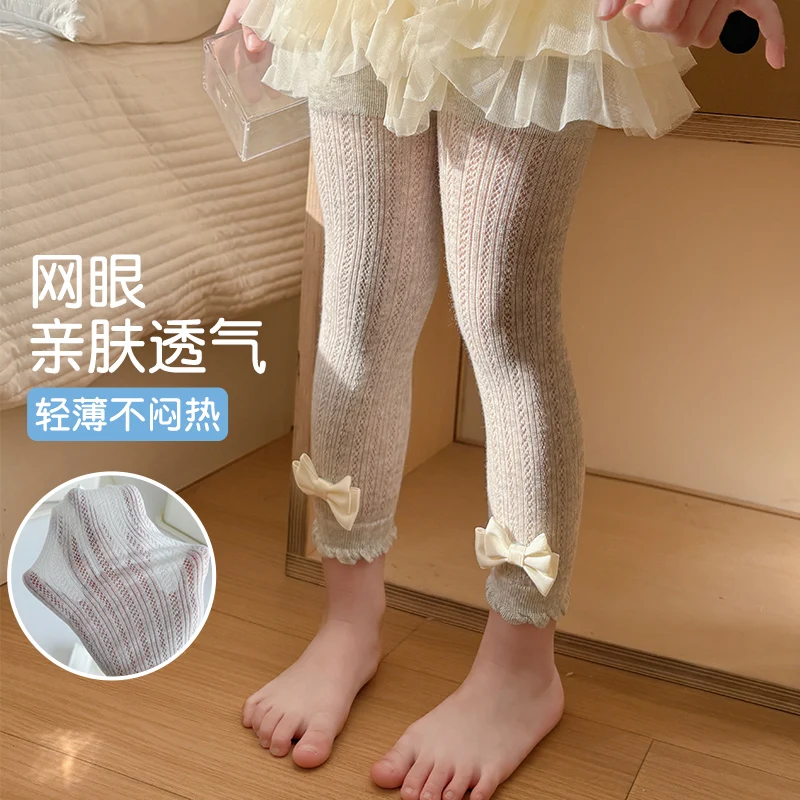 Adorable Girls Ultra Thin Cropped Pants Sweet Satin Double Bow Bubble Trim Skin-Friendly Elastic Comfortable Nine-Point Leggings