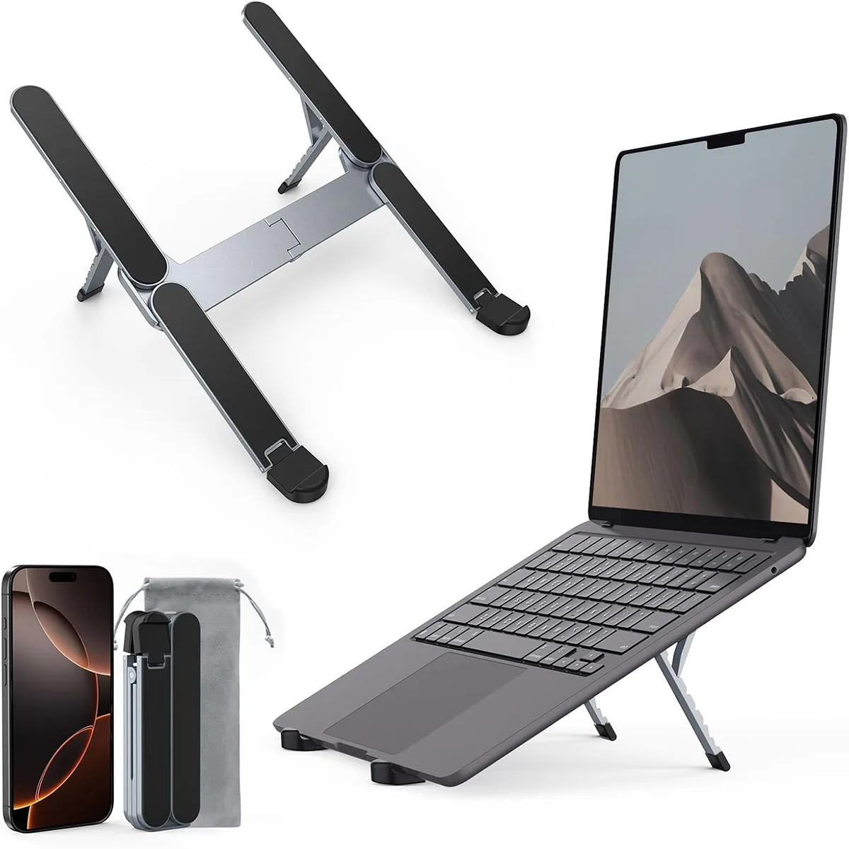 [Ultra Compact] Bi-foldable Foldable & Portable Laptop Aluminum Stand for Desk, Lightweight Tablet Stand for Business Travel