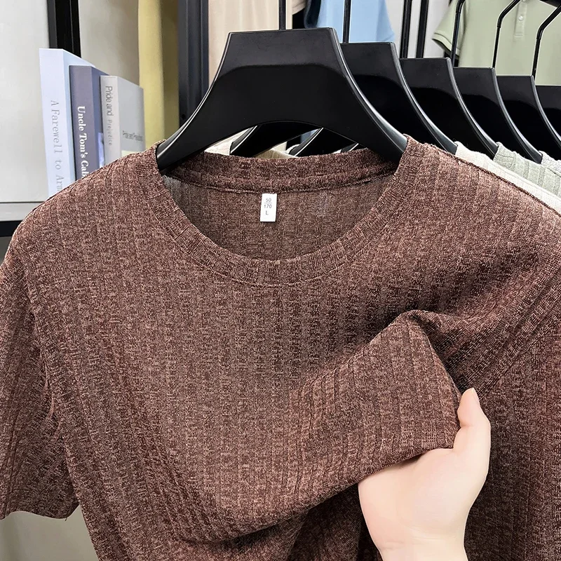 Herren Strukturierte Rundhals-Kurzarm-T-Shirts Lässige Oberteile Atmungsaktiv Leicht Knitterfrei Sommerkleidung