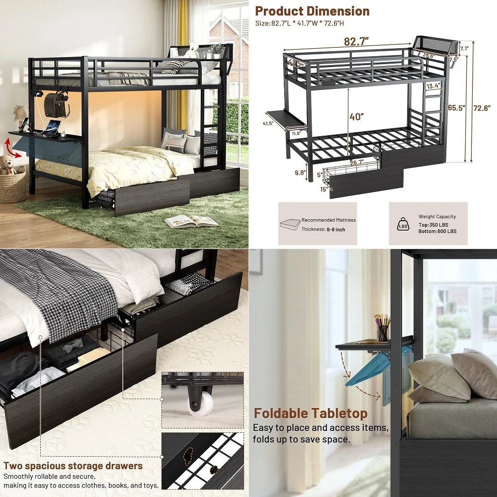 

Bunk Bed Twin Over Twin with Storage Staircase, RGB LED Lights, Drawers amp Shelves, Metal Bunk Beds for Kids with Power Outlet