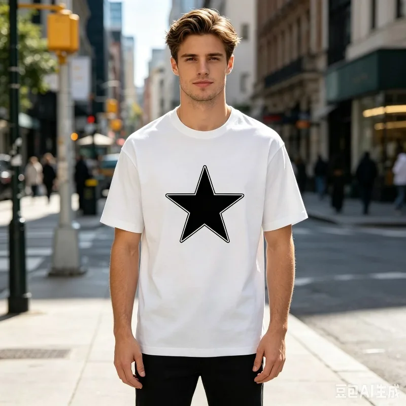 Black Star T-Shirt for Men Minimal Five Point Star Print Casual Streetwear Basic Short Sleeve Tee