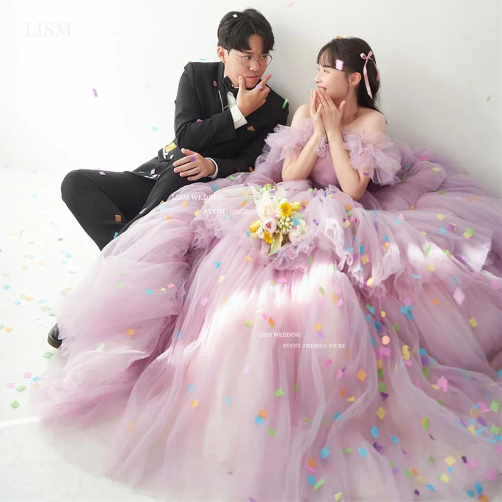 LISM Elegant Purple Tulle A-Line Evening Dresses Korea Photo Shoot Off The Shoulder Sweetheart Tiered Ruffles Formal Dress 2025