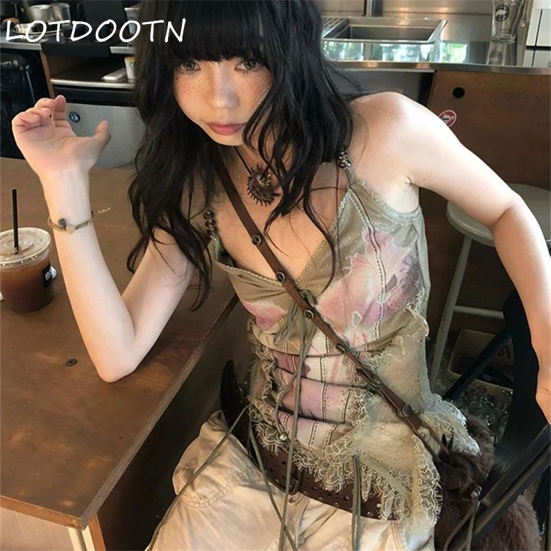 

LOTDOOTN Y2k Vintage Crop Tops Gothic Tank Tops Women Sleeveless Tie Dye Streetwear 2000s Japanese Lace Up Camis E-girls Summer