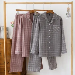 2024 Yarn-dyed Double-layer Gauze Men's Pajamas Spring Thin Cotton Plaid Long-sleeved Trousers Loungewear Loose Home Clothes