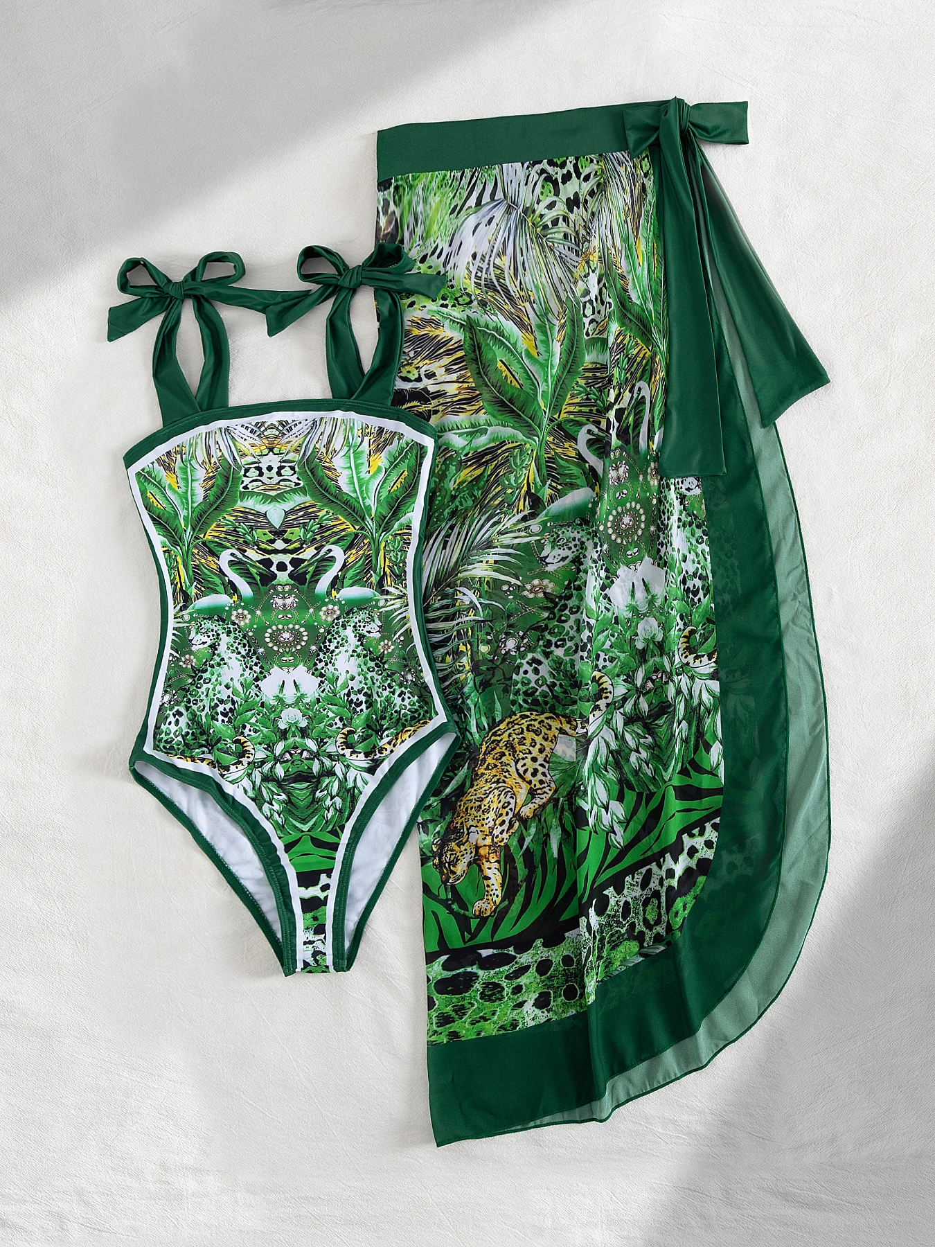 

2025 цельный купальник с принтом джунглей, леопардовый тропический лист, одинаковая юбка макси, идеальная пляжная летняя одежда для отдыха