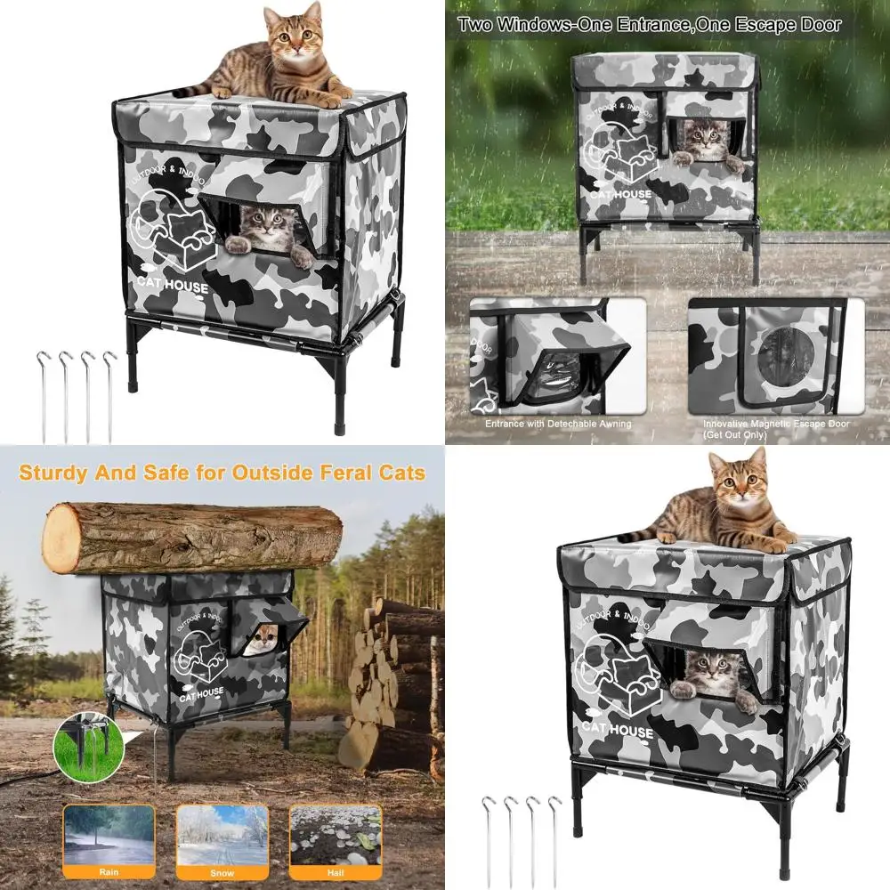 

Camouflage Insulated Outdoor Cat Shelter: Weatherproof Elevated Feral Cat House with Escape Door for Winter