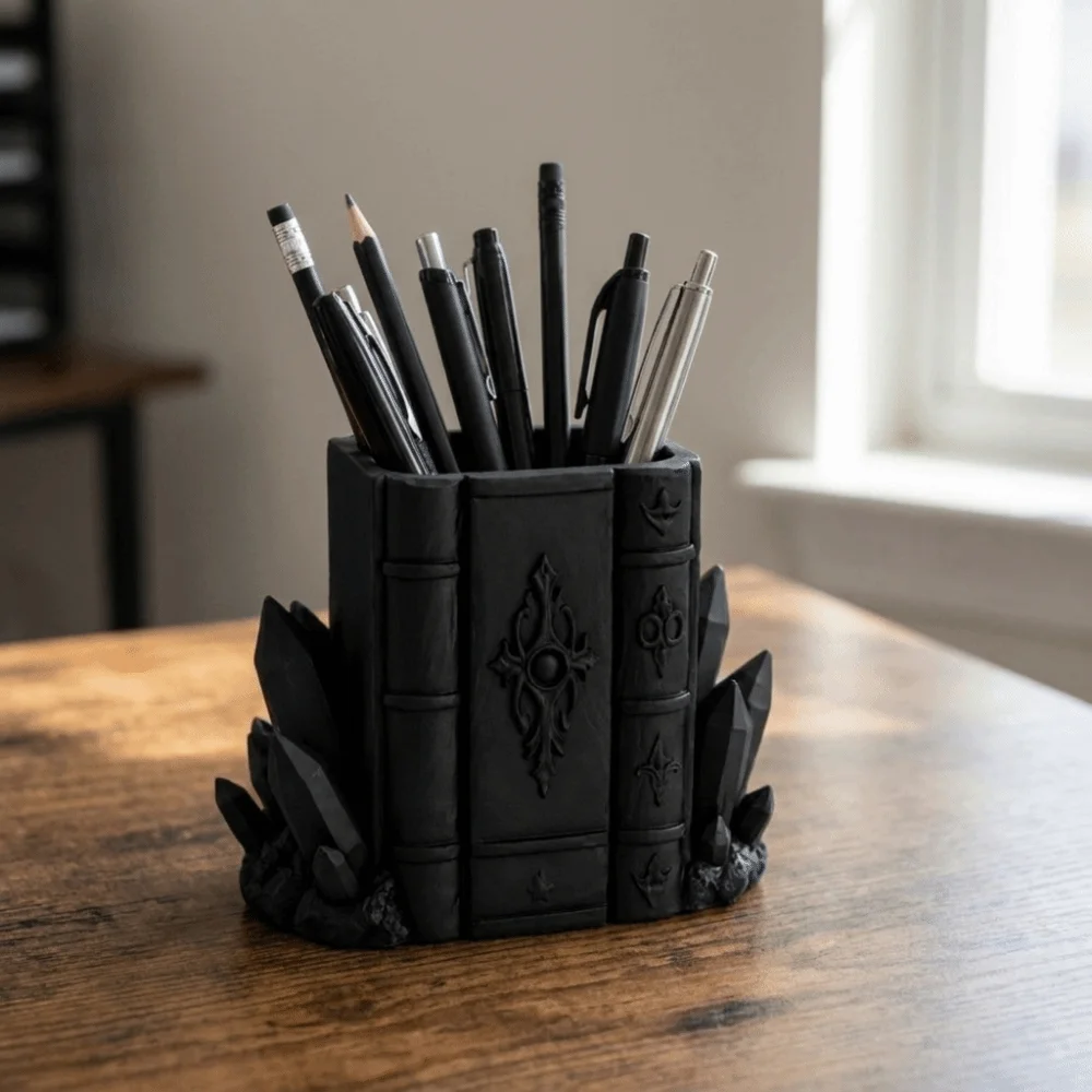 Gothic Style Magic Book Crystal Pen Holder Plastic Large Capacity Makeup Brush Storage Box Decorative 3D Printed Pen Stand