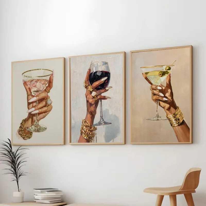 Glam Woman Hand Holding Wine Cocktail Poster, Luxury Fashion Wall Art, Gold Jewelry Art Canvas Painting Print Home Decor