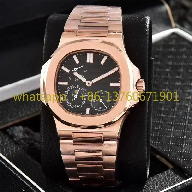 Luxury New Men Automatic Mechanical Power Reserve Watch Nautilus 5712 Calendar Lunar Image Energy Storage Display Transparent