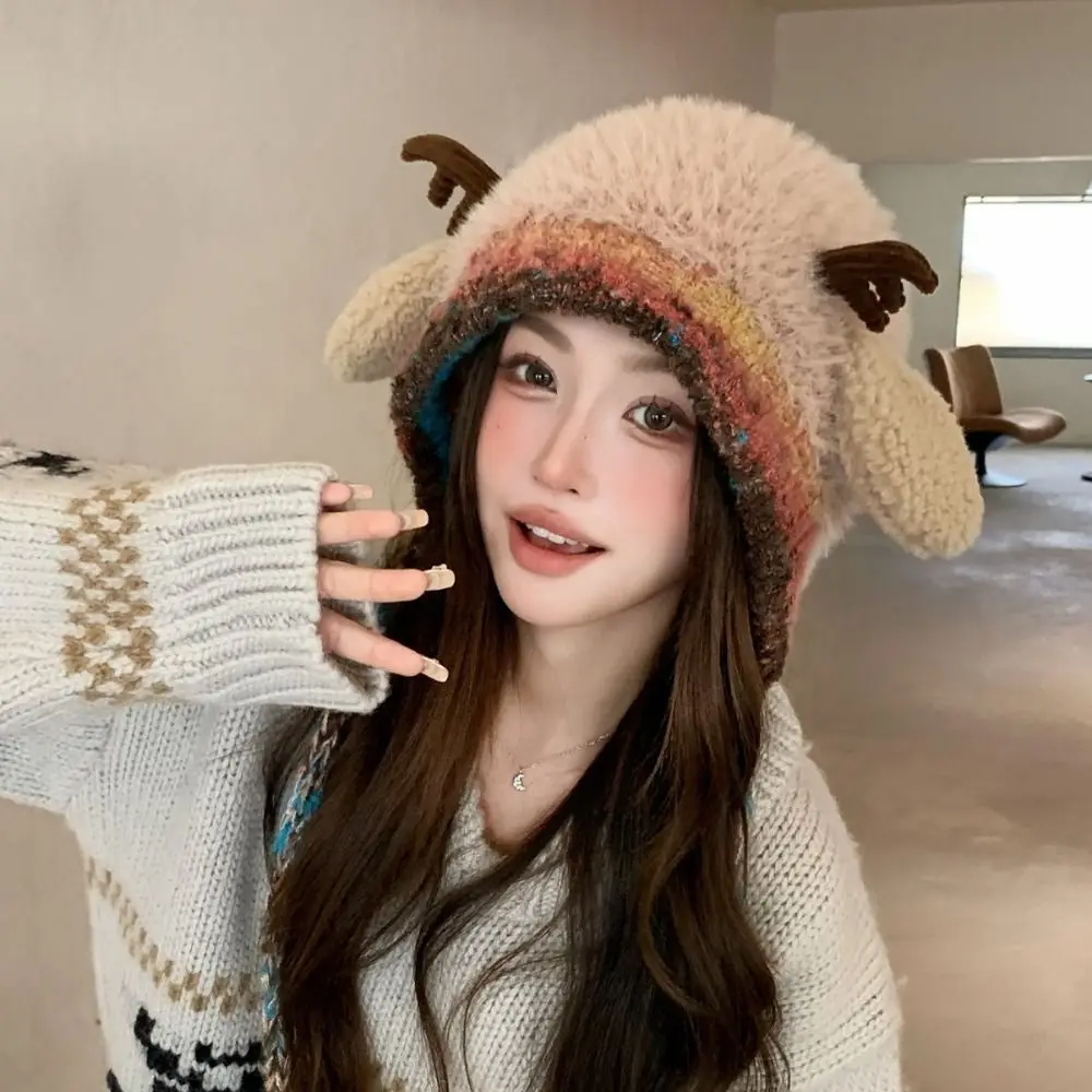 New Fur Deer Storage Hat Windproof Warm Festival Christmas Antler Hat 2 In 1 Elastic Knitted Deer Antler Hat Winter