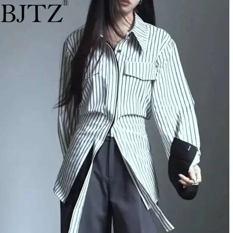 

BJTZ Fashion Tops Women 2025 Spring And Autumn New Lapel Splicing Long Sleeve Top Striped Slim Waist Collared Button Up Shirt