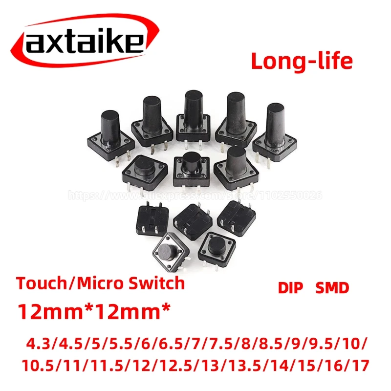 20PCS Momentary Push Micro Switch 12x12mm 12*12mm Tactile Switch Button 4.5/5/6/7/8/9/10/12/15mm 4Pin Height DIP SMD