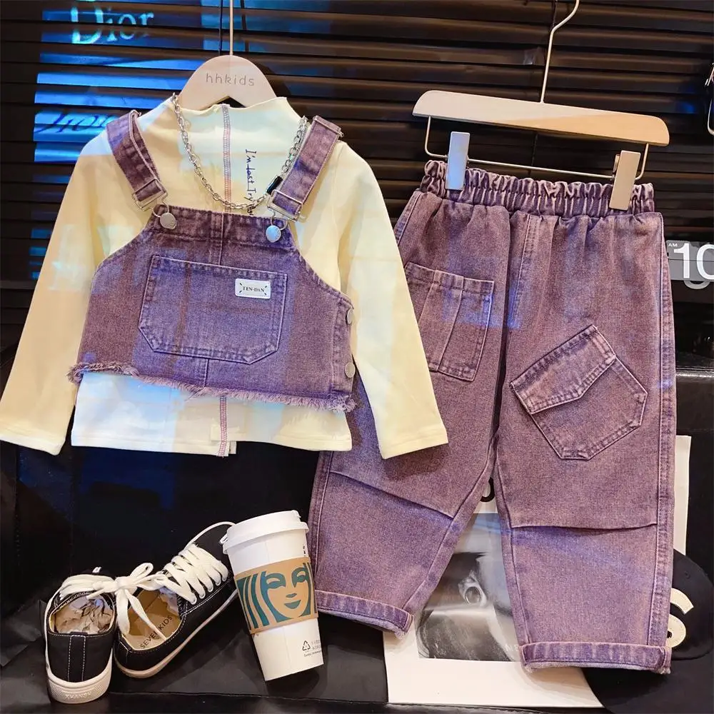 

Children Sets Purple Camisole Overalls Personality Undershirt New Girl Fashion Two Pieces Simple 2024 Purple Loose Cool
