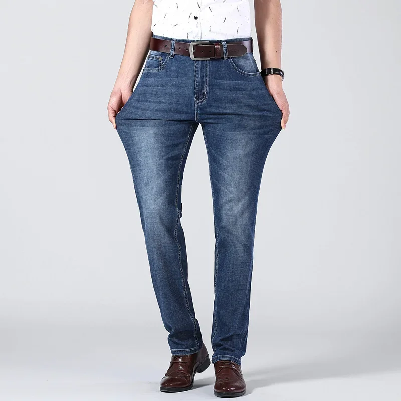 Le التجارة الخارجية الراقية الأزرق مستقيم الساق الجينز الرجال مرونة القطن السراويل المريحة نمط غير رسمي الصيف خفيفة الوزن