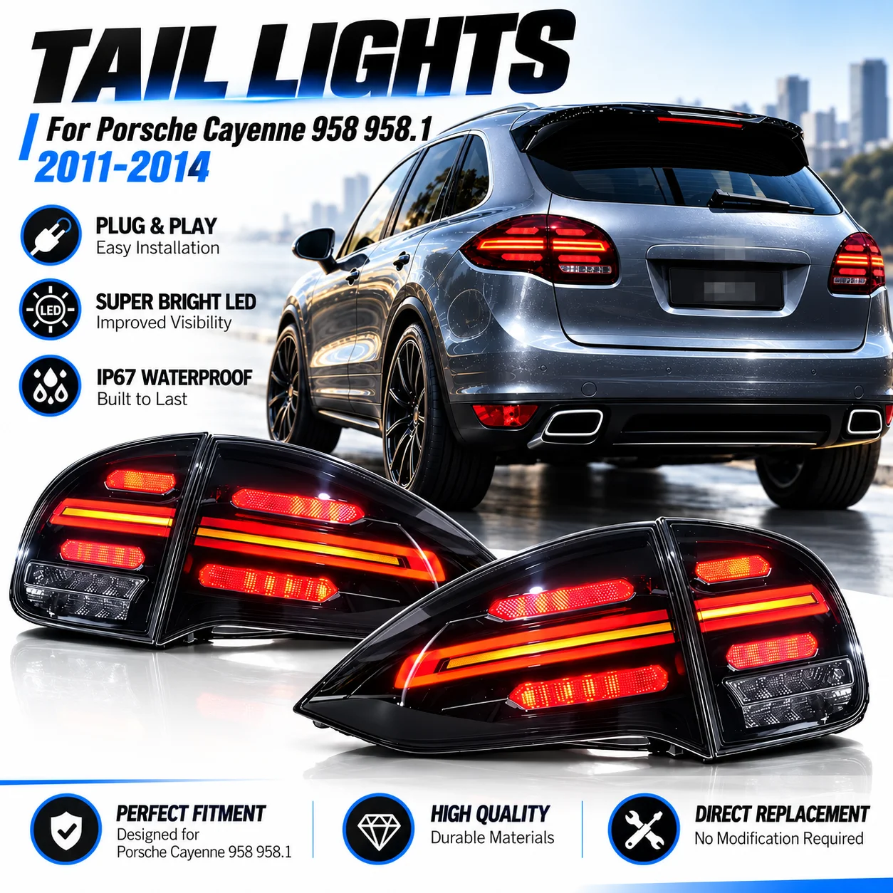 TYPY 4Pcs Full LED Tail Lights for Porsche Cayenne 958 958.1 2011-2014, Rear Taillight Assembly with Brake Reverse Parking Lights, Plug and Play Auto Upgrade Replacement Accessories