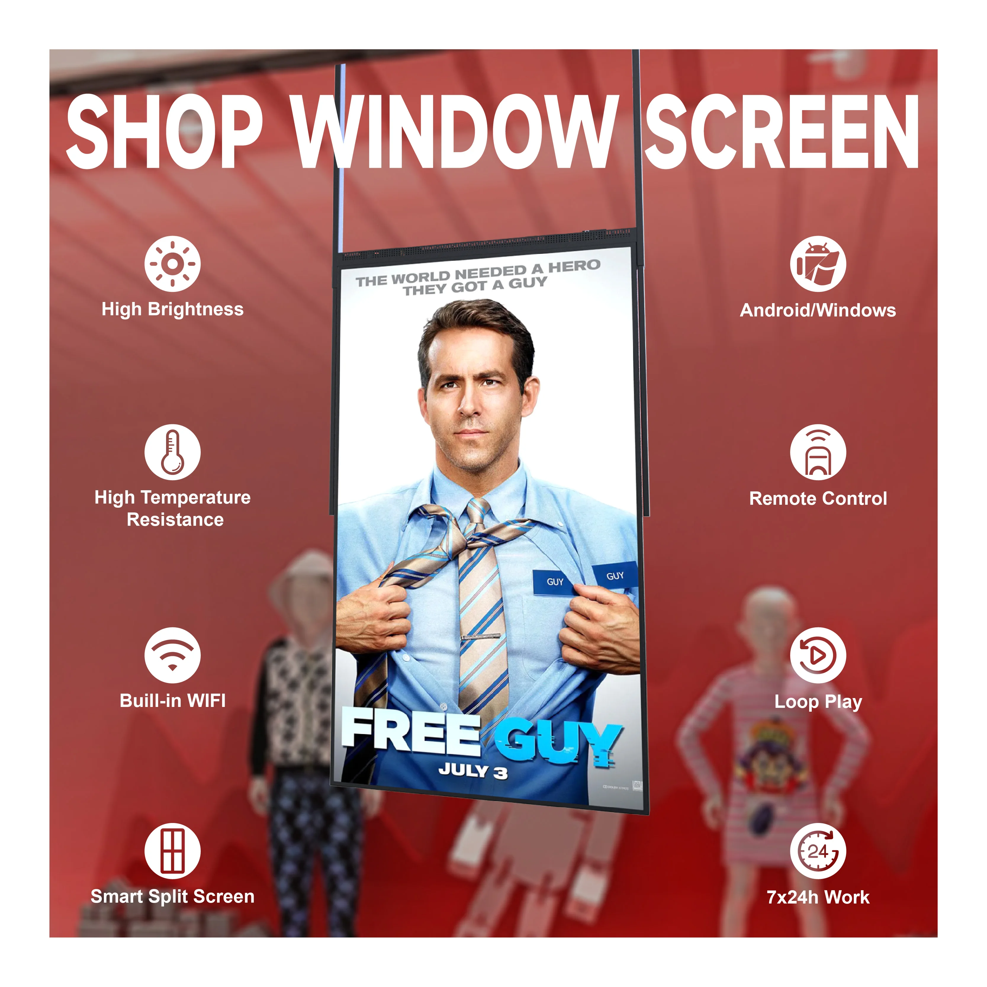 32 43 55 بوصة 4k ملصق شبه خارجي شاشة أندرويد مشغل الإعلانات شاشة عرض Lcd نافذة المتجر مواجهة اللافتات الرقمية