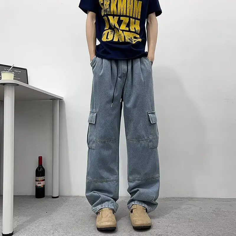 Retro Men's Hip Hop Street Straight Stretch Multi Pocket Baggy Jeans American Style Washed Loose Fit Denim Cargo Pants