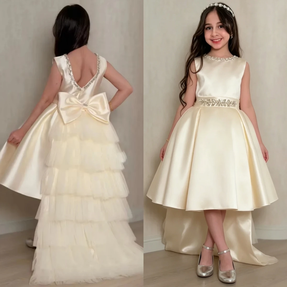 Satin Tiered Tulle Train Flower Girl Dress Rhinestone Crew Neck Kids Luxury Modest Church Communion Birthday Princess Gown
