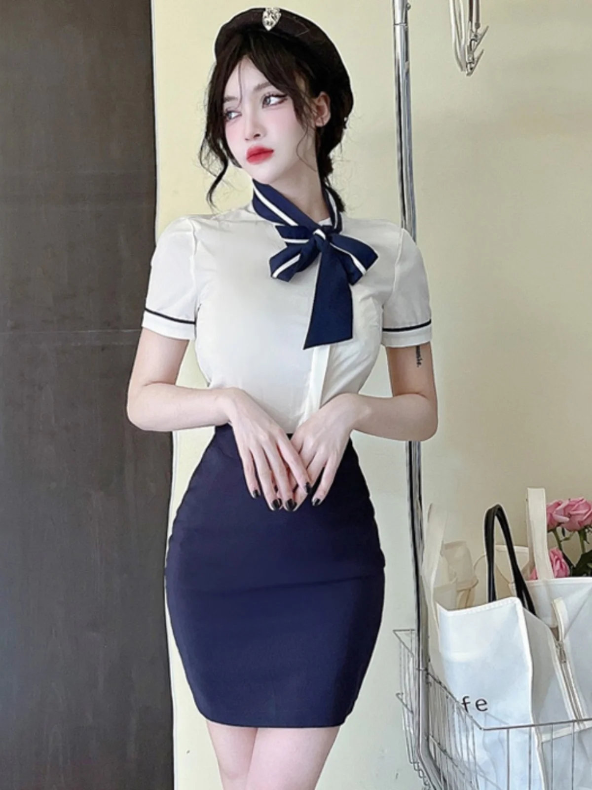 Sexy Stewardess Uniform Workwear Shirt And High Waist Skirt Set for Hotel Front Desk Professional Fashionable Two-Piece Suit