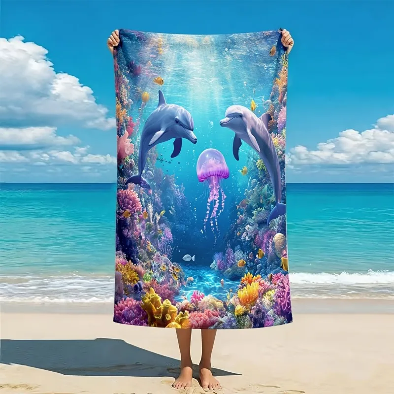 Toalla de playa con estampado de coral y delfines submarinos, varios tamaños, para verano, océano, piscina, uso al aire libre