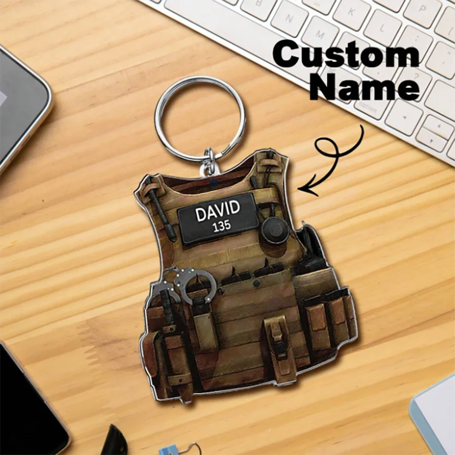 Custom Acrylic Keychain Personalized Bulletproof Police Vest Keychain, Customized Name Number To Boyfriend Daddy Unique Gift