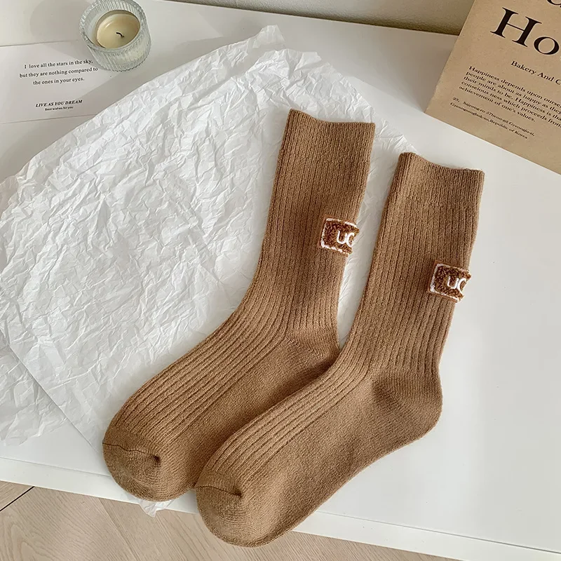 1Pair Middle Tube Mid-Tube Socks Winter Warm Velvet Thickened Pile Socks Solid Knitted Keep Warm Snow Boot Socks