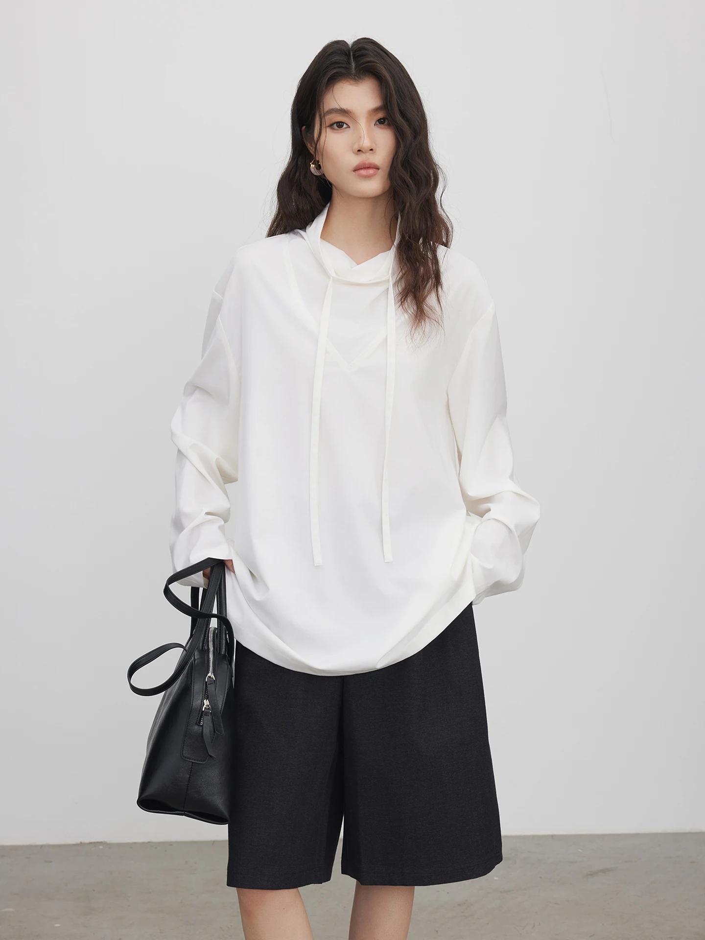 

KEARA White Long Sve Loose irt Women's Spring New Design Commute Tie Ne Design Korean Sle Breathable Comfortable Top
