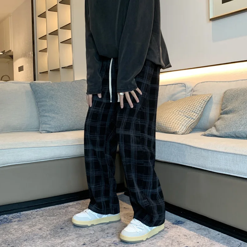 Y2k Harajuku Corduroy Plaid Casual Pants Men Hong Kong Wind Loose Straight Leg Wide Leg Pants Fashion Plankton Handsome Mop Pant