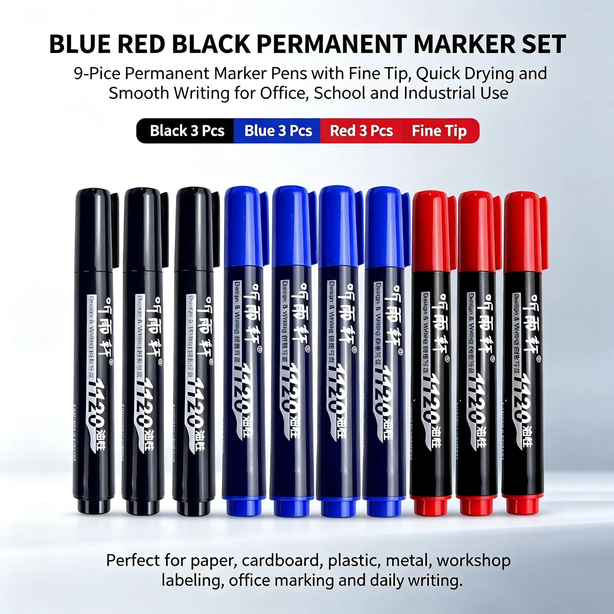 3/6 Pcs Permanent Marker Pens Waterproof Quick‑Drying Black Blue Red for Multi‑Surface Writing Office Art Stationery Supplies