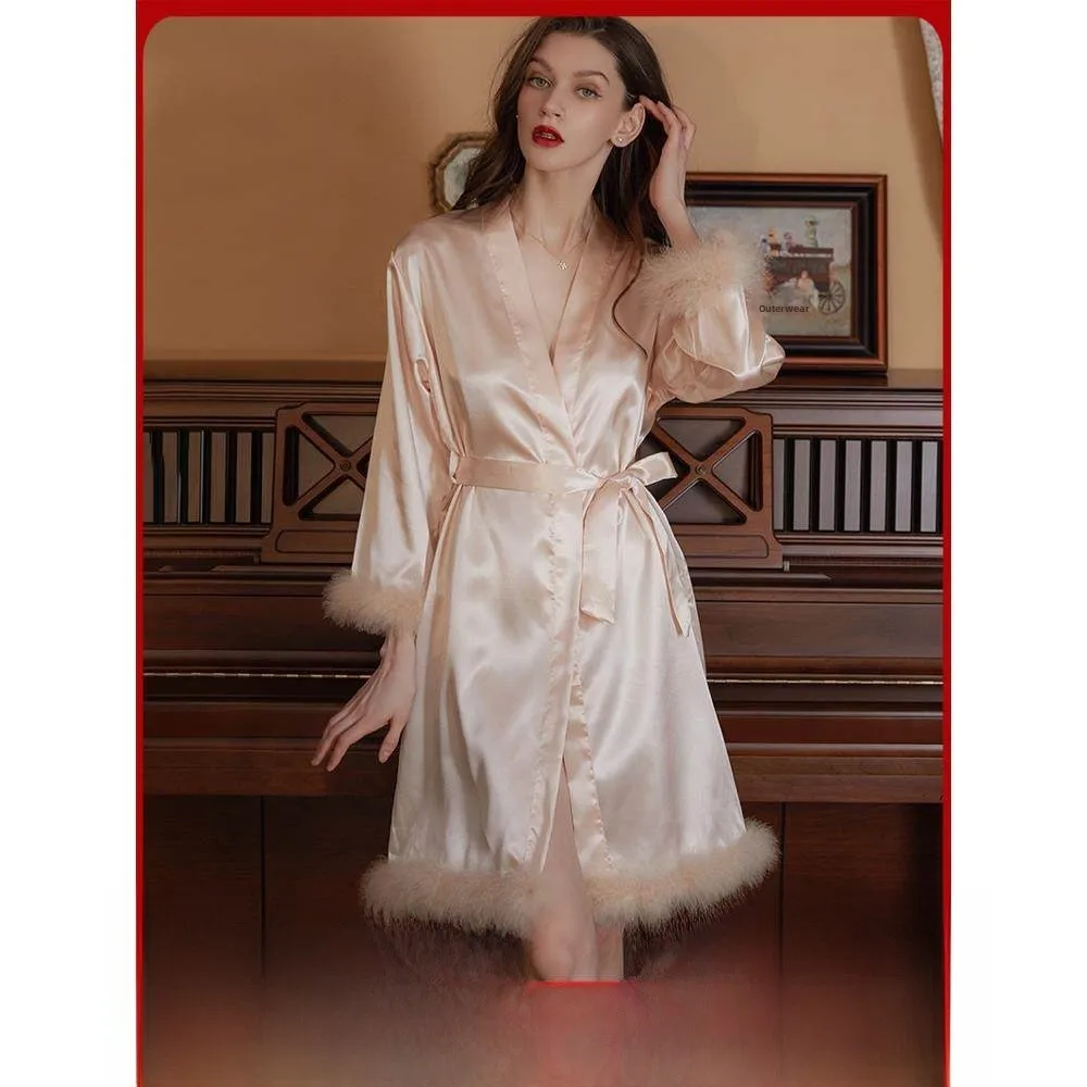 

Wedding Robe Feather Elegant Chinese Style Bridal Nightgown Maids Sleepwear Luxury Home Clothes Women's Summer Thin Short Length
