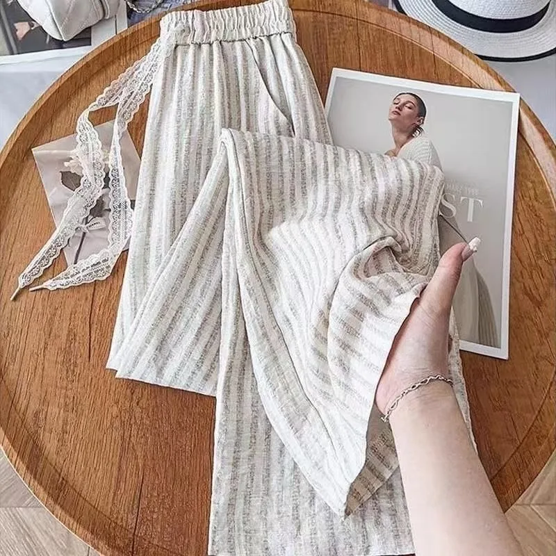 Women Summer Trousers Thin Cotton Linen Breathable Striped Wide-leg Pants Lightweight Lace Drawstring Bottoms Bohemian New Pants